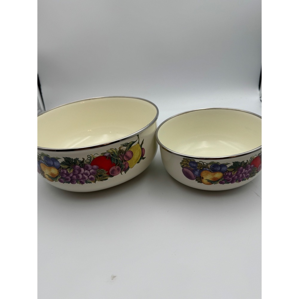 Vintage Cornucopia Enamel Nesting Mixing Bowls Set of 2 Fruit Pattern Cream 8.5"